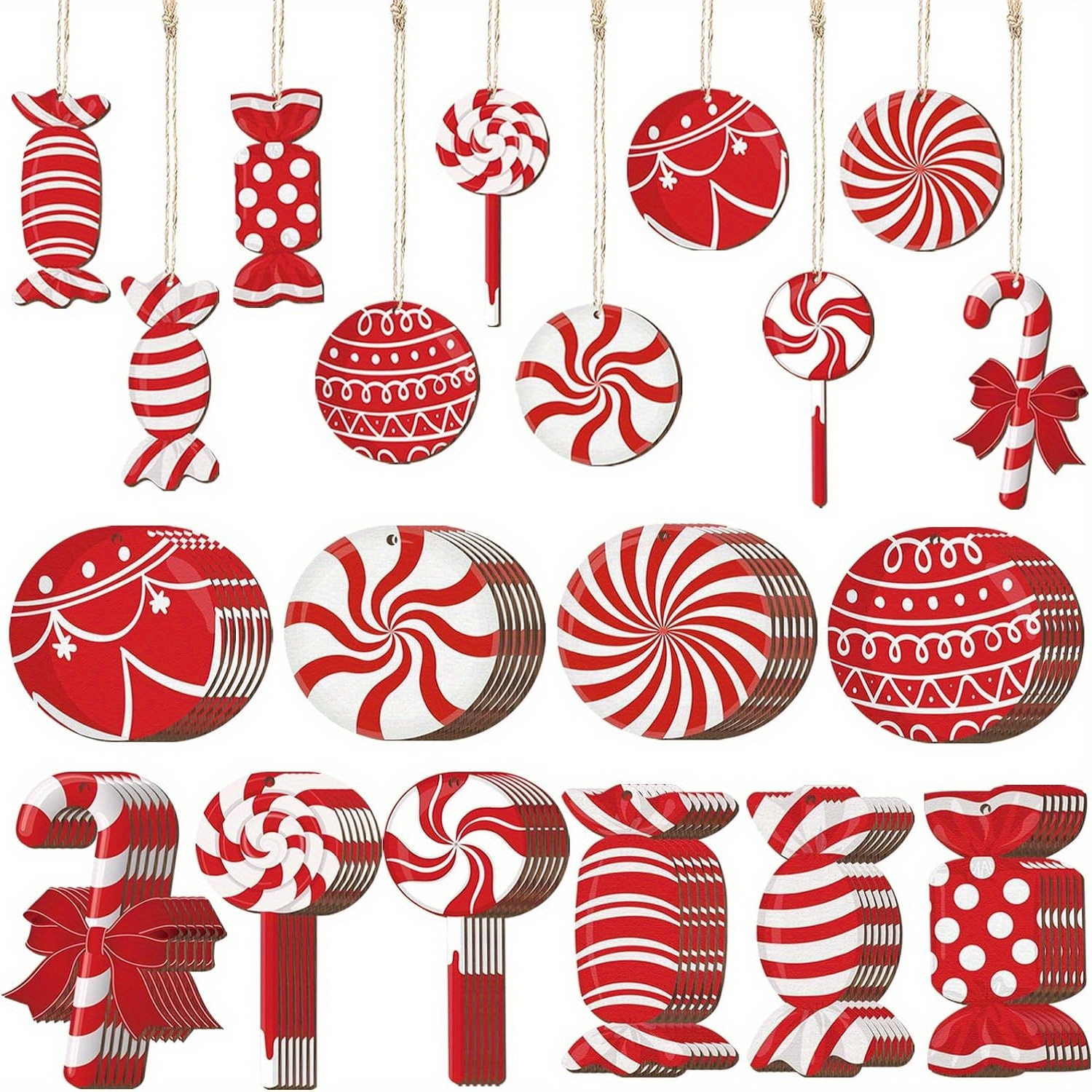 

20-piece Christmas Candy-shaped Wooden Ornament Set - Hanging Decorations For Tree, Garden, Party Supplies - Includes Decorative Candy Canes, & Dots - No Electricity Needed