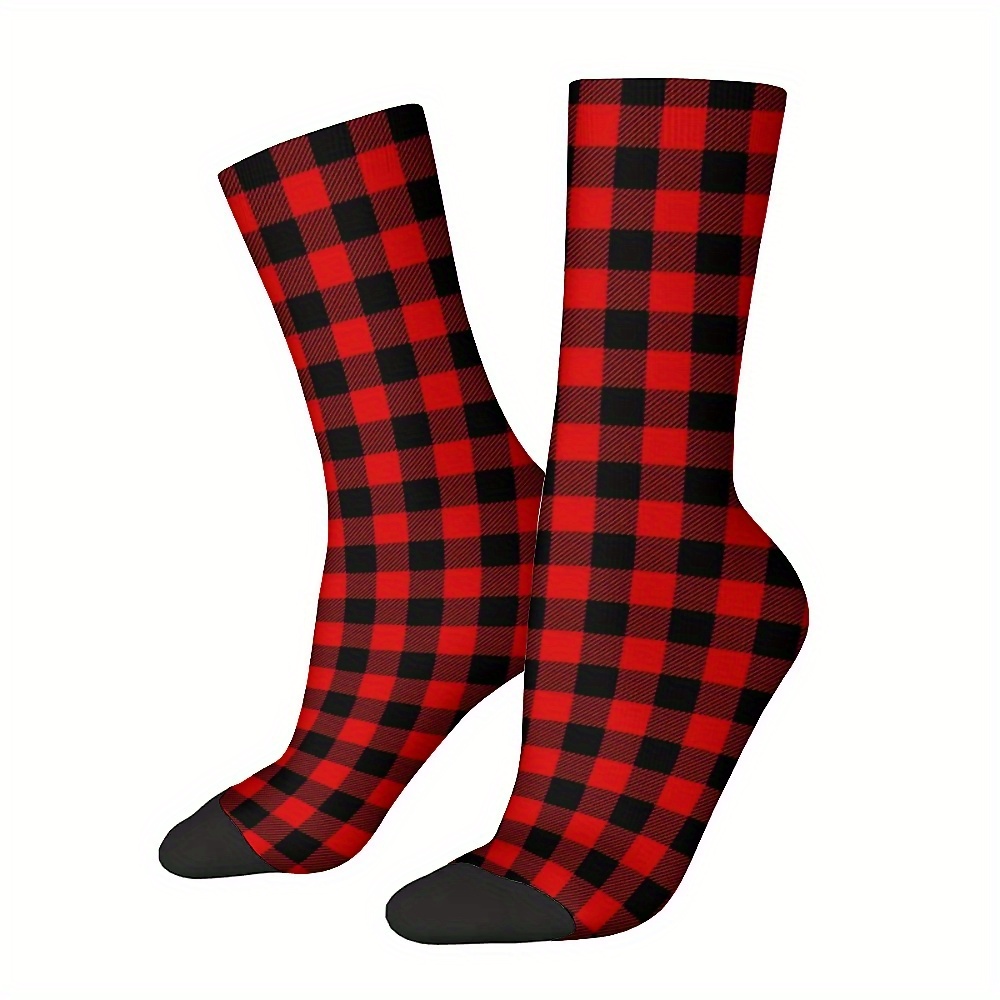 

Unisex Style Checkered Crew Socks - Polyester Knit Fabric With Spandex - Hand Wash - Fun Novelty Print - Gift For Men And Women (1 Pair)