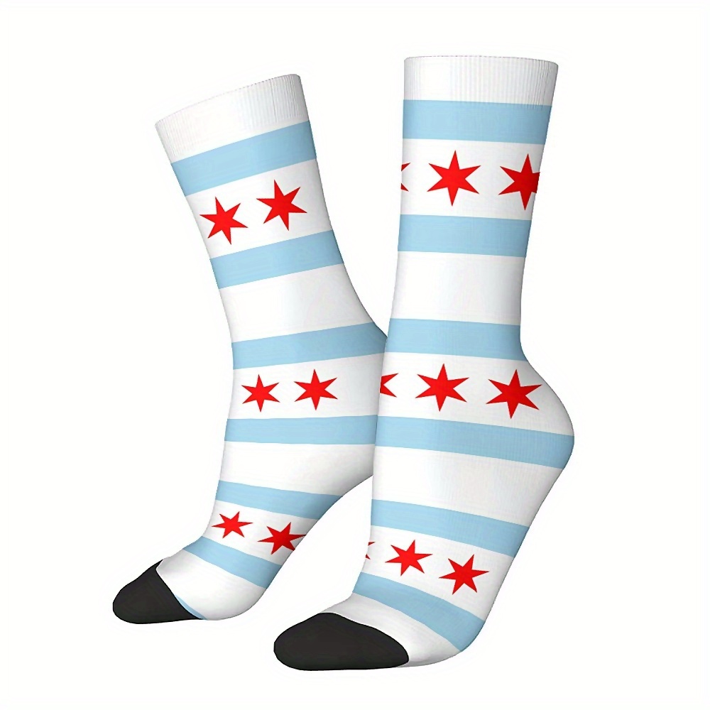 

Festive Chicago-themed Socks: Men's And Women's Knit Socks With On Light Blue Stripes - Perfect For Chicago Fans Or As A Fun Gift!