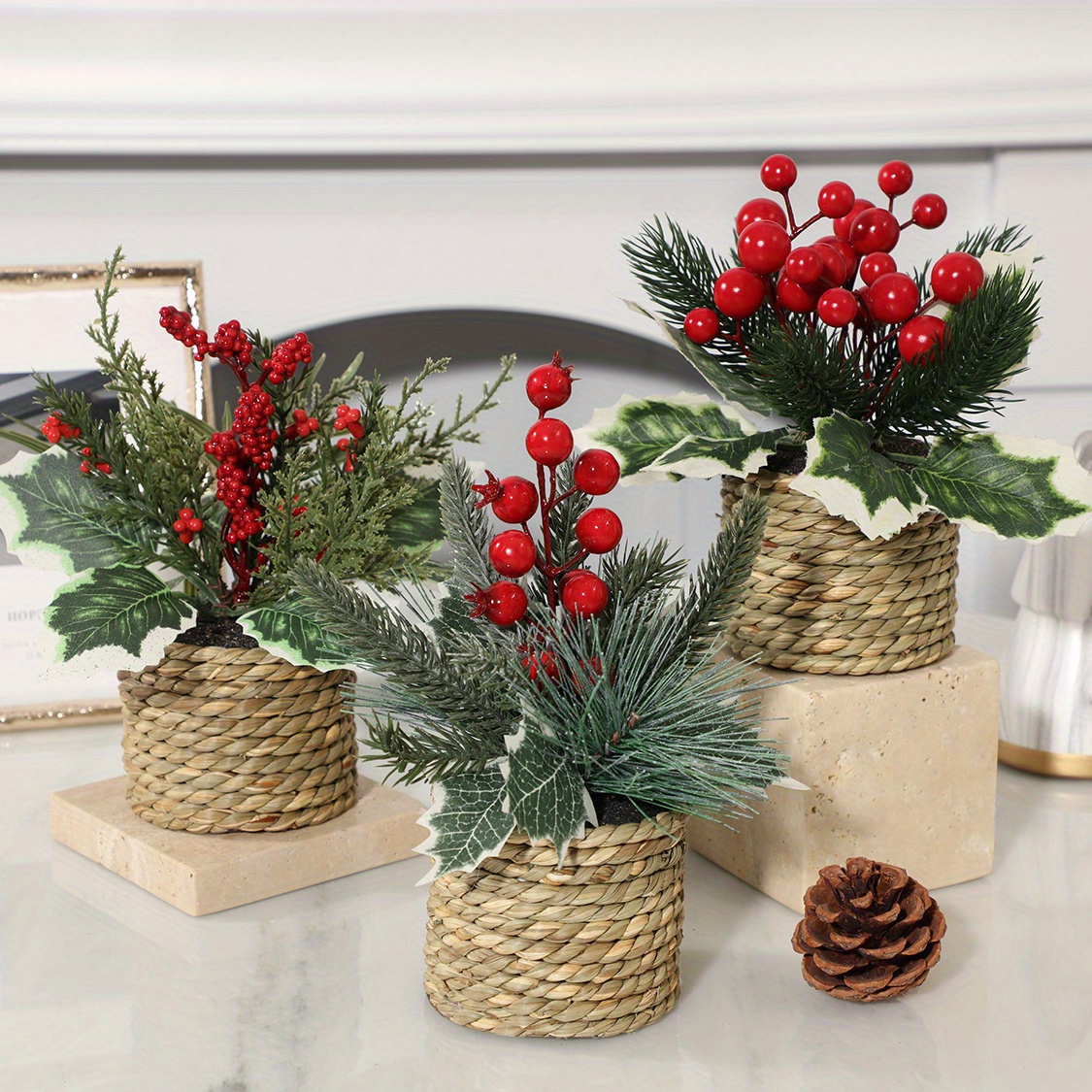 

3pcs Set Of Red Christmas Potted Plants - , For & Decor, For , Weddings, And Parties, For Christmas