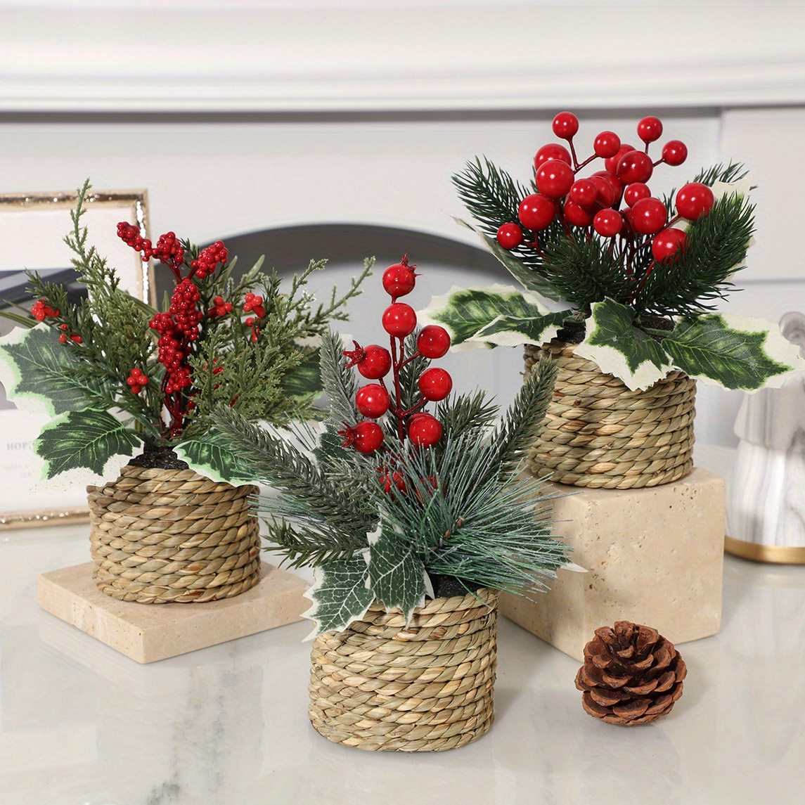 TEMU 3pcs Set Of Lifelike Christmas Potted Plants - Woven , For & Decor, For , Weddings, And Parties, For Christmas