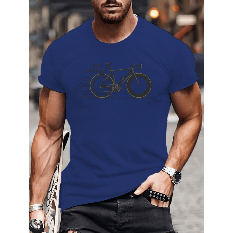 

Men's Casual Short Sleeve T-shirt With Bicycle Motif And " " Print - Polyester Knit Fabric, Geometric Pattern, Round Neck, Regular Fit For Adults - Summer Collection