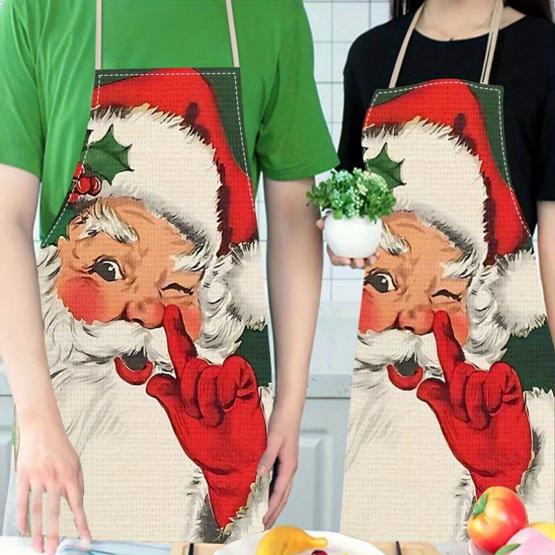 

1pc Linen Apron With Santa & Christmas - , Waterproof, Fashionable Kitchen And Home Workwear For Cooking And Holiday Decor