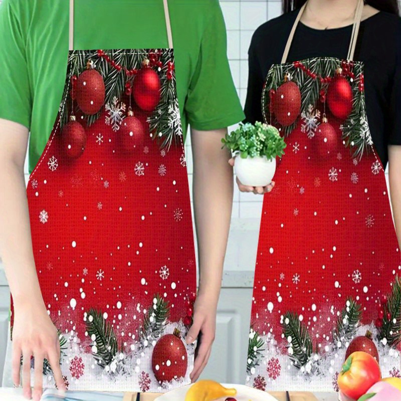 

1pc Christmas Linen Apron With Santa & Tree Print - Waterproof, Waist Apron For Cooking & Home Tasks, Red With Holiday Ornaments & Snowflakes, Ideal For Kitchen & Outdoor Use, Christmas Apron