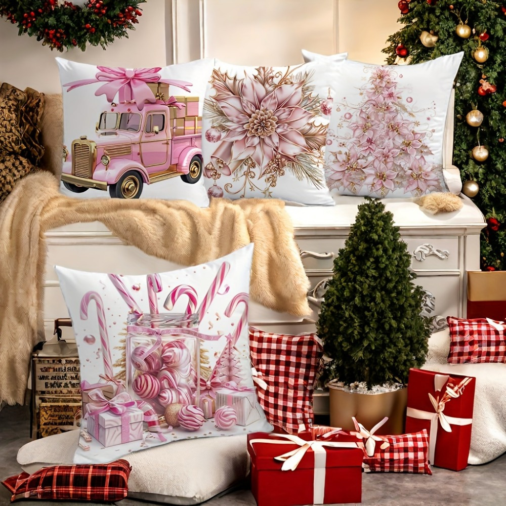 

Jit1/4pcs Modern Christmas Pillow Cover - Woven Polyester Zipper Pillowcase 18 Inches, Machine Washable, Sofa And Living Room Printed Decoration - Rose Golden Seasonal Cushion Cover