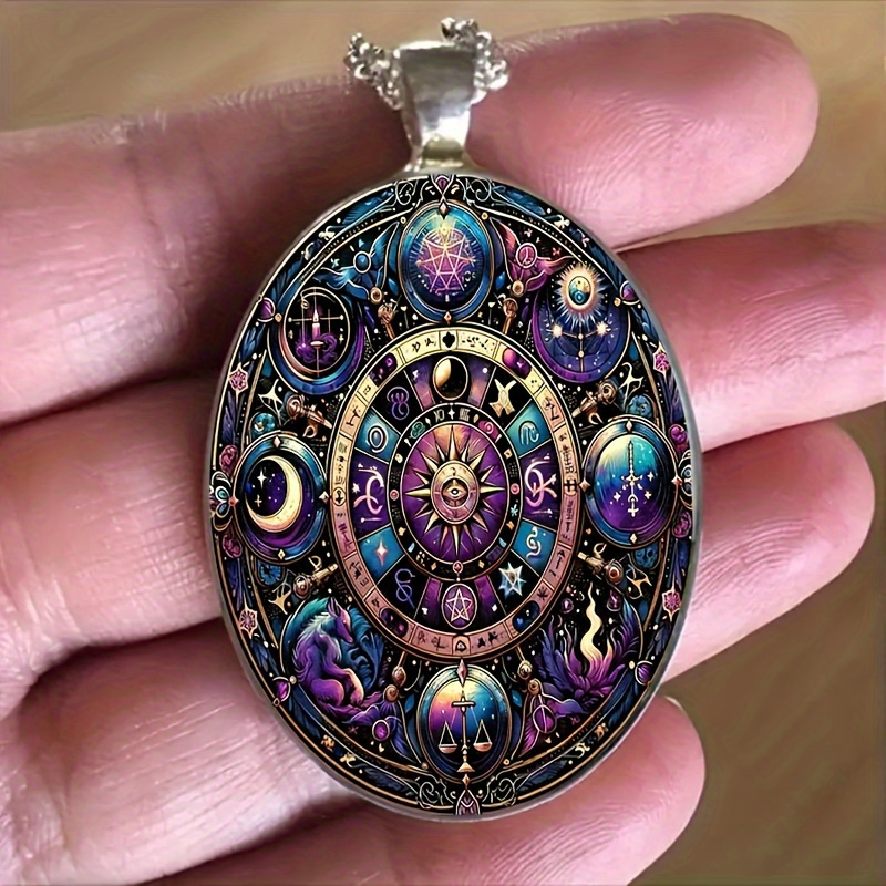 TEMU 1 Piece Fashion Elegant Constellation Pattern Oval Alloy Glass Pendant Necklace, Romantic Gift