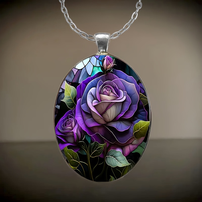 

1 Stylish And Elegant Purple Rose Pattern Oval Alloy Glass Necklace, Romantic Gift