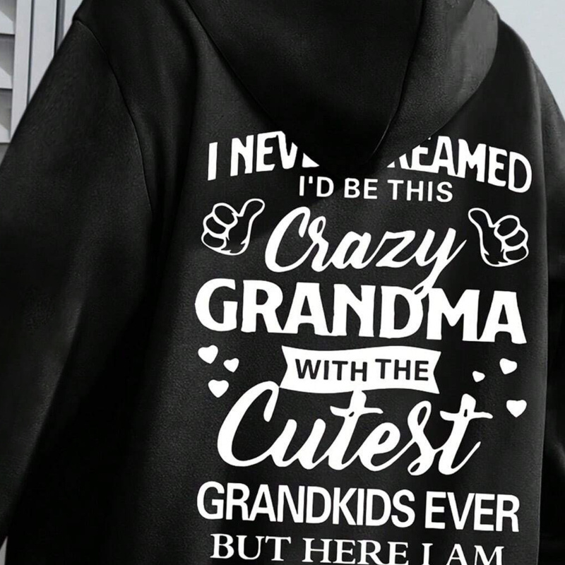 

Women's Casual Polyester Knit Hoodie With Alphabet Print - Fall/winter Hooded Sweatshirt With Drawstring For Grandmas