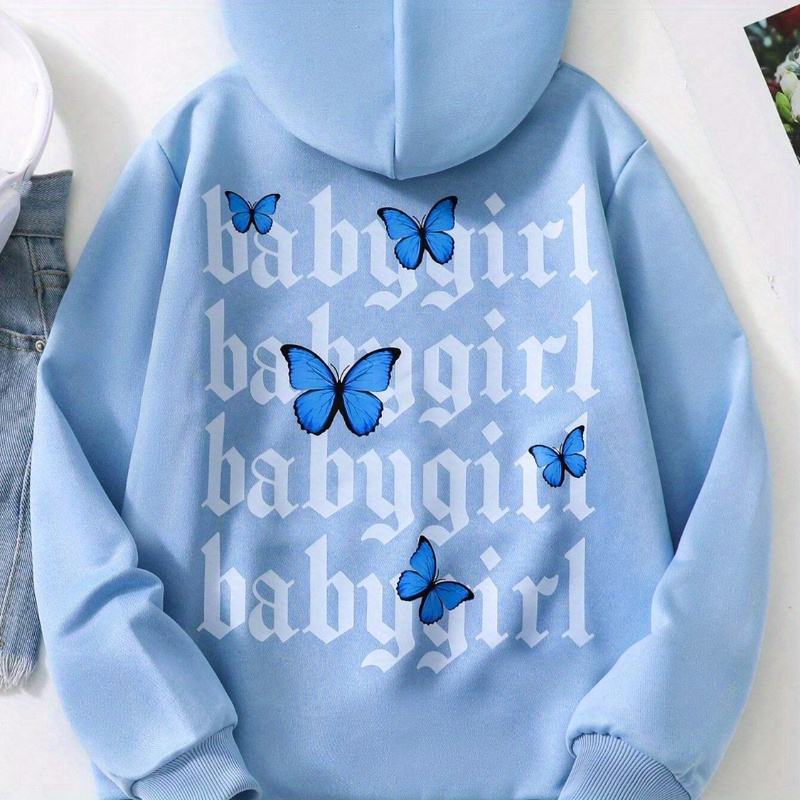 

Sweat à capuche bleu clair pour femme avec inscription "" et motif papillon, pull décontracté en tricot pour l'automne/hiver, matière polyester, haut à capuche tendance.