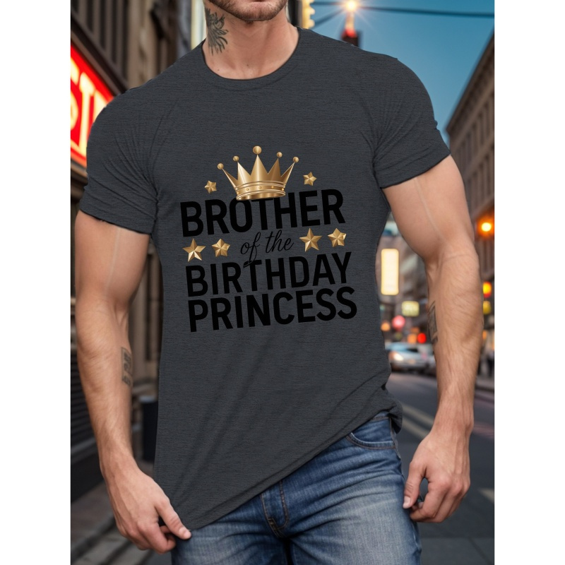 

Brother Of The Birthday Princess" Men's T-shirt - Casual Short Sleeve, Breathable Polyester, Summer Tee With Geometric Print