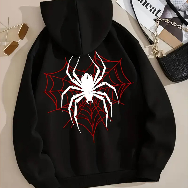 

Spider Graphic Print Hoodie, Drawstring Casual Hooded Sweatshirt For Winter & Fall, Women's Clothing