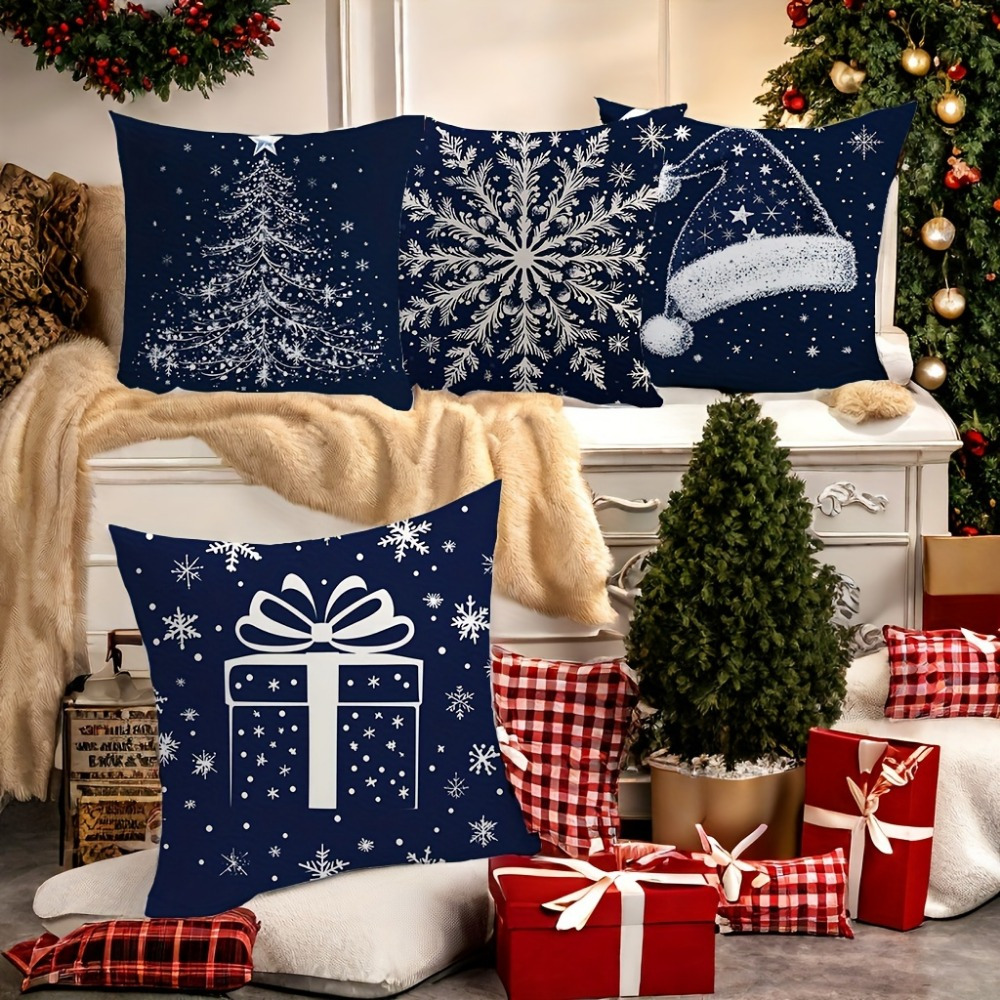 

Festive Navy Blue And White Christmas Pillow Covers - 18x18 Inches, Zipper Closure, Machine Washable - Suitable For Living Room Sofas