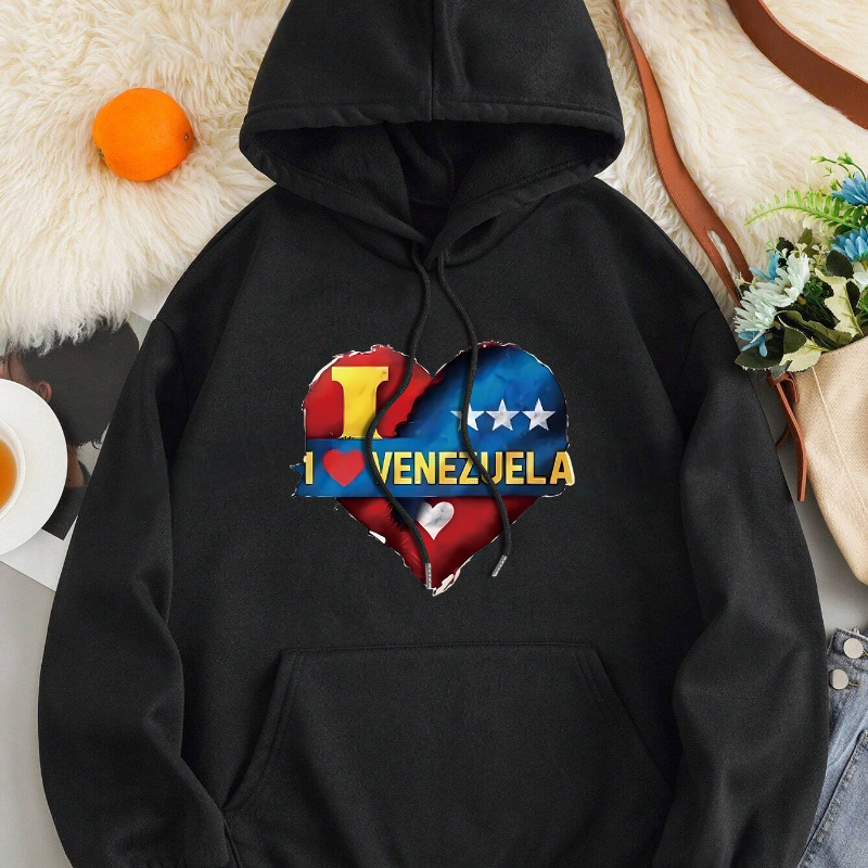 

Casual Knit Polyester Hoodie With I Love Venezuela Graphic Print, Long Sleeve Pullover, Fall/winter Hooded Sweatshirt With Drawstring - Heart And Alphabet Pattern