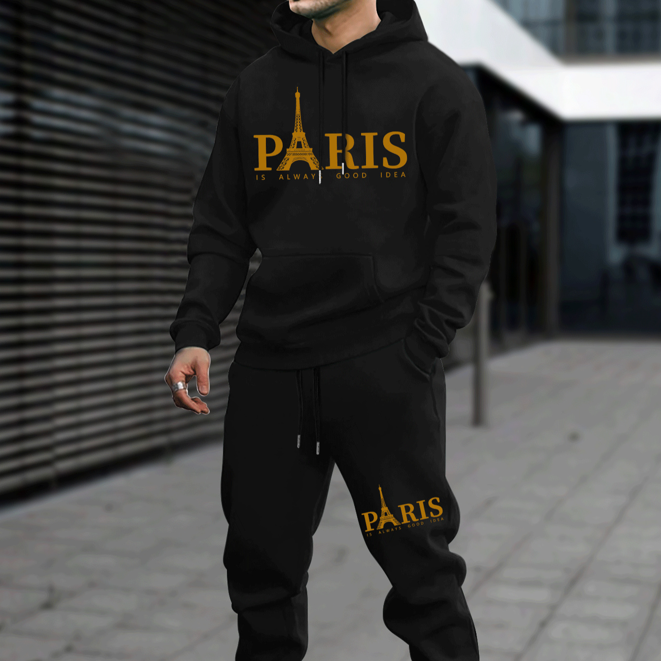 

Paris With Tower Element Colored Simple Letters Pattern Print Men's 2 Pieces Outfits Hooded Sweatshirt And Drawstring Pants, Casual Comfortable Trendy Set For Men Daily Wear