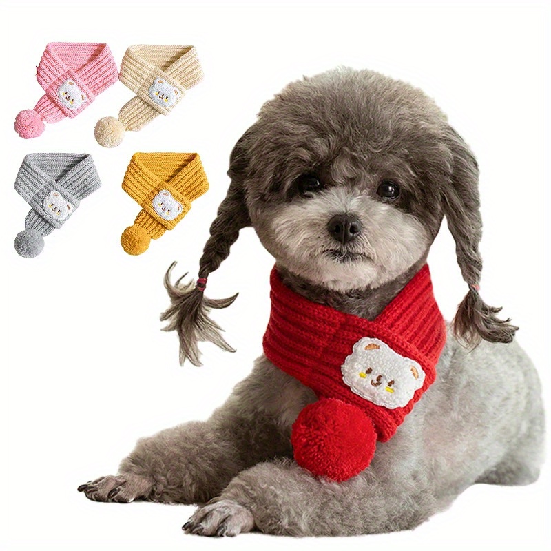 

Dog Knitted Scarf, Cute Puppy Knit Scarves With Pompom Pet Clothes Decoration Winter Warm Dogs Cats Accessories, Dog Scarf