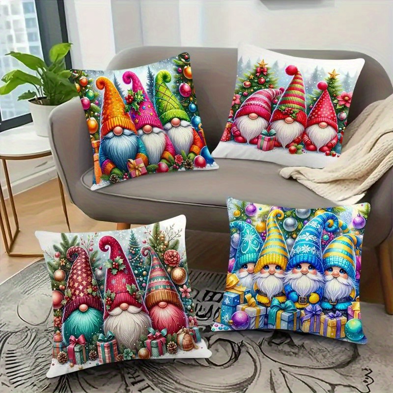 

4-pack Christmas Gnome And Tree Plush Pillow Covers, 18x18 Inches, Vintage Style, Zippered, Machine Washable, Polyester, For Sofa And Bedroom Decor