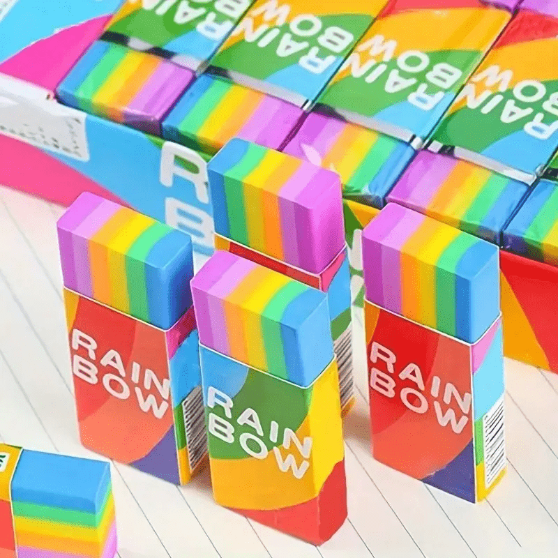 

12/24pcs Rainbow Erasers, 2b Creative, School-grade, , , Colorful Pencil Eraser, Clean And Non-toxic, Synthetic Rubber, Rectangular Shape, Office Supplies, Writing And Correction Tools