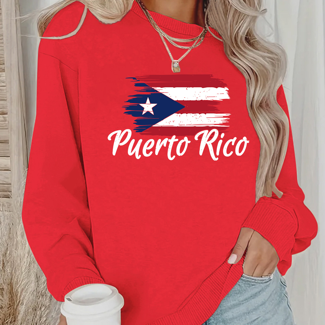 

Puerto Pride: Women's Casual Crew Neck Sweatshirt With Cartoon Flag & Letter Print - Cozy Polyester, Machine Washable - Fall/spring