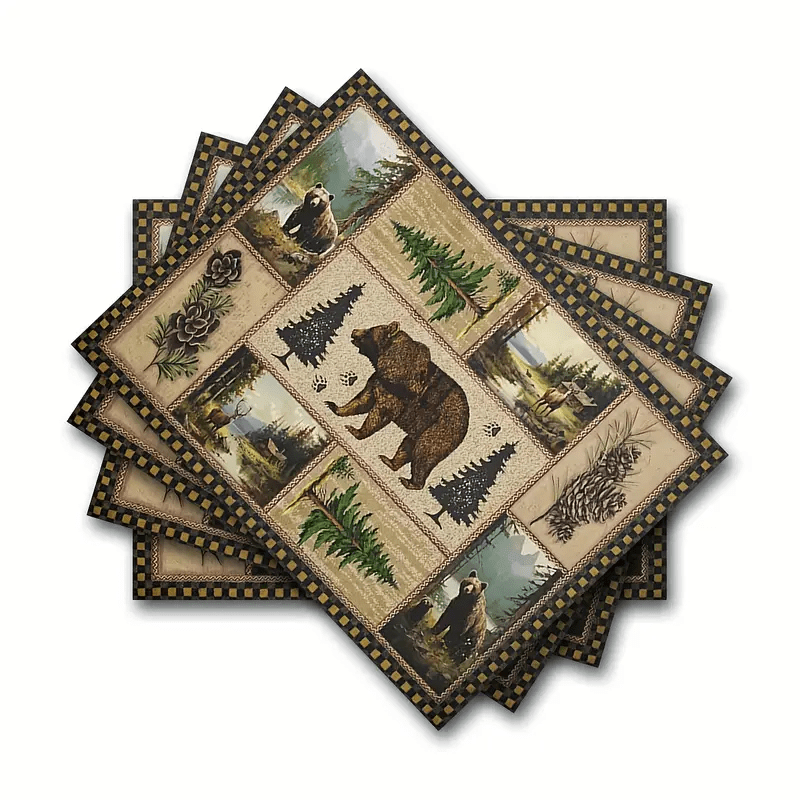 

Rustic Wilderness Themed Woven Place Mats 4pcs Set – 100% Polyester, Machine Washable, Fade Resistant, Rectangle Table Mats Featuring , Deer & Pine Trees For Dining & Home Decor