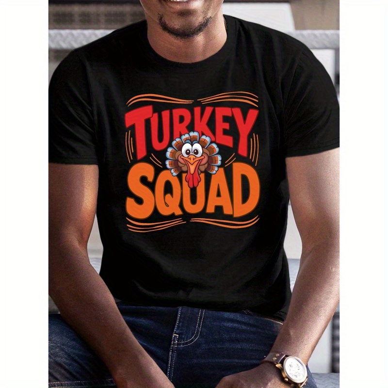 

Turkey Squad Graphic Crew Neck T-shirt - Men's Polyester Casual Tee With Geometric Turkey Print, Knit Fabric With Slight Stretch, Regular Fit, Summer Top