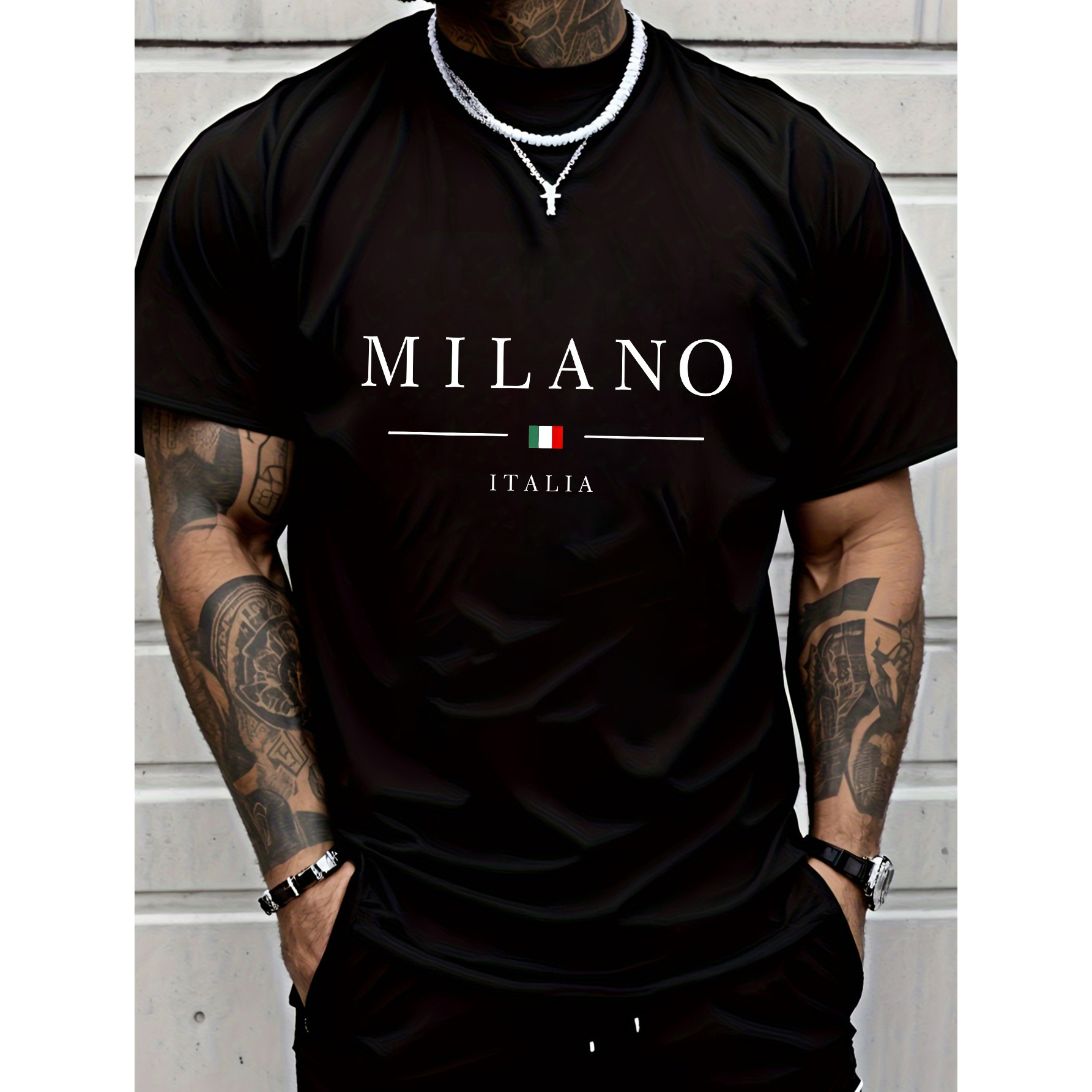 

Men' Milano National Flag Short Sleeve, Chic Letter Print Design - Perfect For Summer Sports, Casual Wear, And Everyday Styling