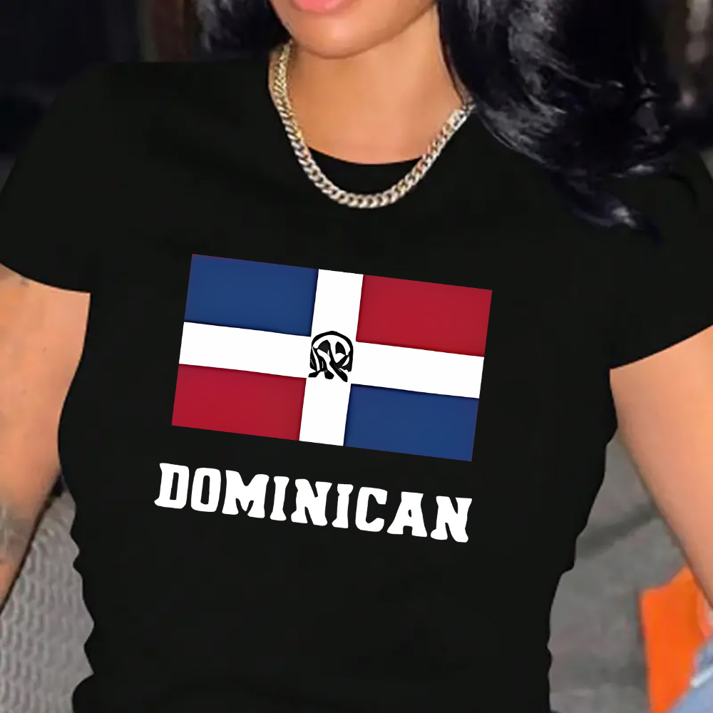 

Dominican Flag Graphic T-shirt For Women - Polyester & Spandex Blend, Casual Crew Neck Tee, Medium Stretch, Short Sleeve Knit Fabric Top For All Seasons