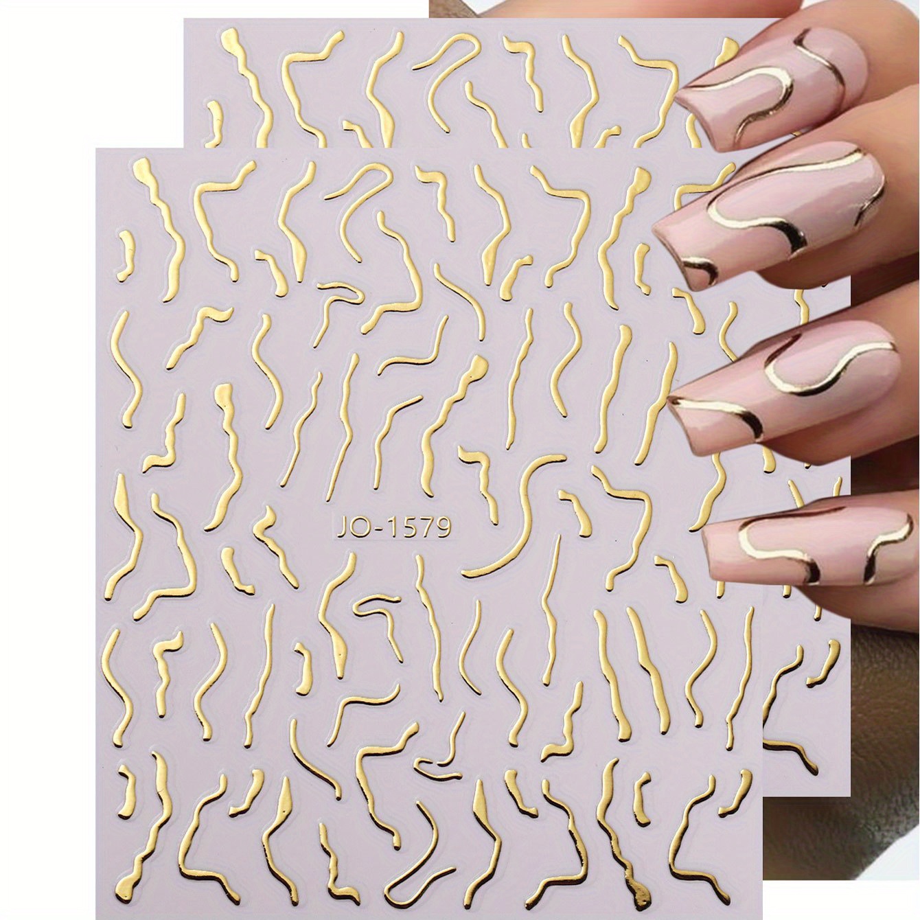 

2-pack 3d Golden Metallic Nail Art Decals With Irregular Stripes, Shimmery Rectangle Self-adhesive Nail Embellishments, Fantasy-themed Glitter Nail Decor, Single Use, Plastic Surface-compatible