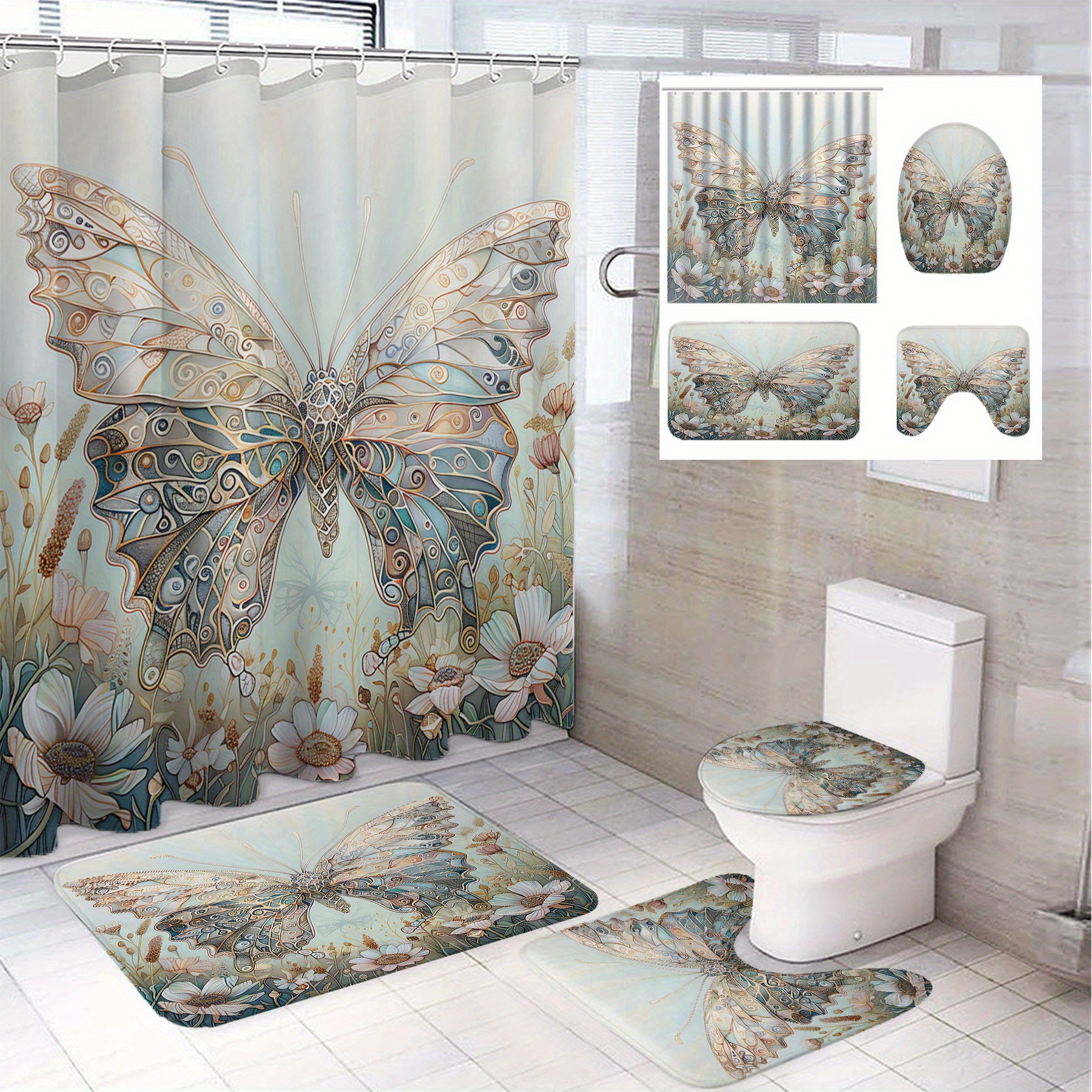 

1/ 4pcs, Floral Pattern Print Shower Curtain, Decoration, Polyester Bathroom Set With 12 Hooks, Bathroom Non-slip Floor Mat, Toilet Lid Mat And U-shaped Mat, Home Decoration, 71*71in