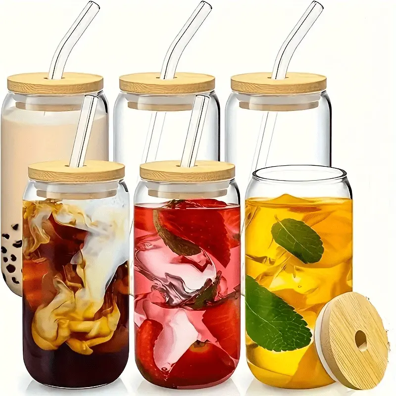 2pcs glass cups 17 8oz 550ml glass cups with lids and straws mason jar drinking glasses ice coffee cup glass cups with bamboo lids cute cups beer reusable straws and straw cleaner for restaurant hotel Product details 3
