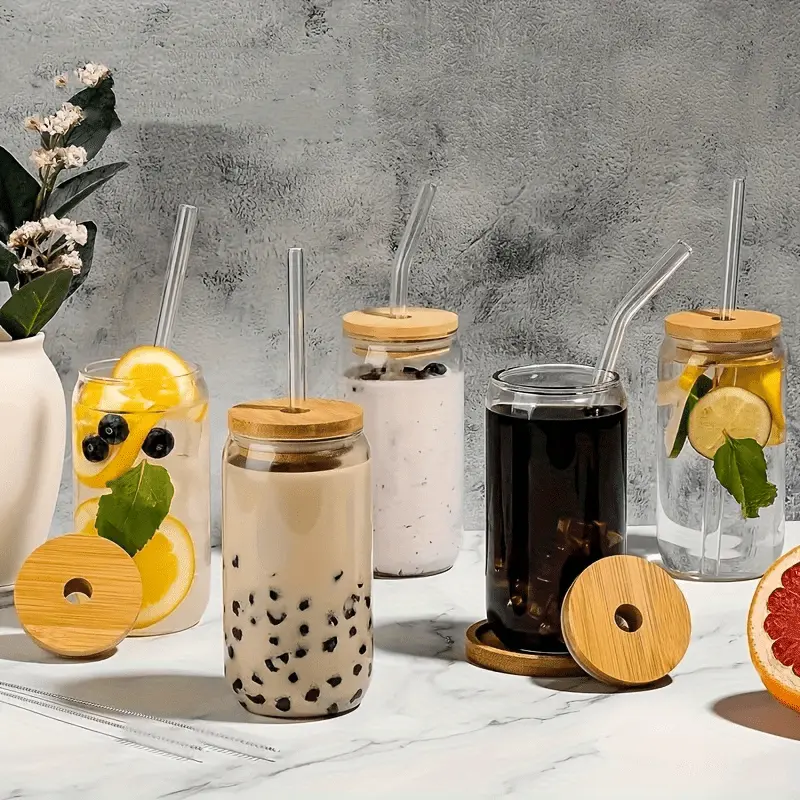 2pcs glass cups 17 8oz 550ml glass cups with lids and straws mason jar drinking glasses ice coffee cup glass cups with bamboo lids cute cups beer reusable straws and straw cleaner for restaurant hotel Product details 5