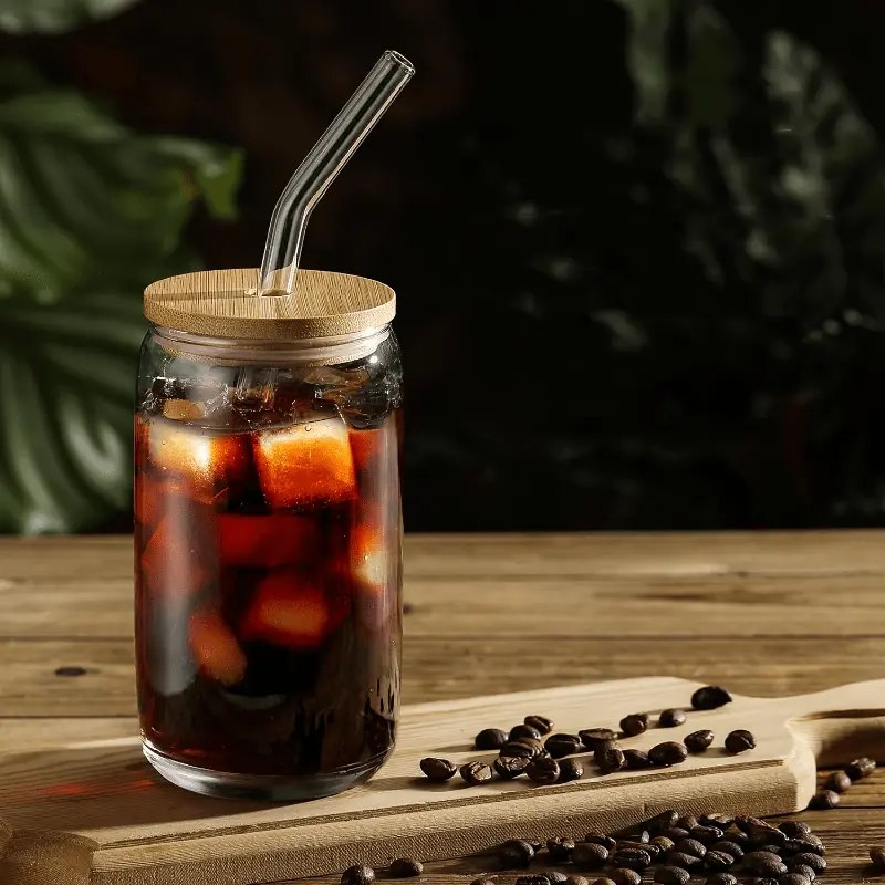 2pcs glass cups 17 8oz 550ml glass cups with lids and straws mason jar drinking glasses ice coffee cup glass cups with bamboo lids cute cups beer reusable straws and straw cleaner for restaurant hotel Product details 2