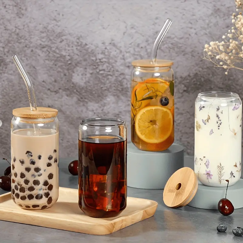 2pcs glass cups 17 8oz 550ml glass cups with lids and straws mason jar drinking glasses ice coffee cup glass cups with bamboo lids cute cups beer reusable straws and straw cleaner for restaurant hotel Product details 1