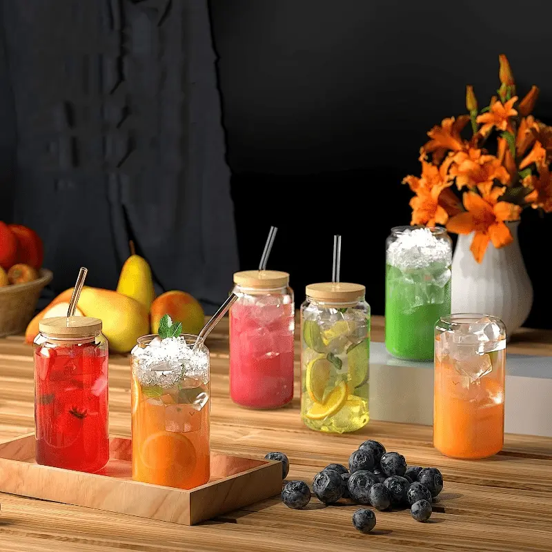 2pcs glass cups 17 8oz 550ml glass cups with lids and straws mason jar drinking glasses ice coffee cup glass cups with bamboo lids cute cups beer reusable straws and straw cleaner for restaurant hotel Product details 6