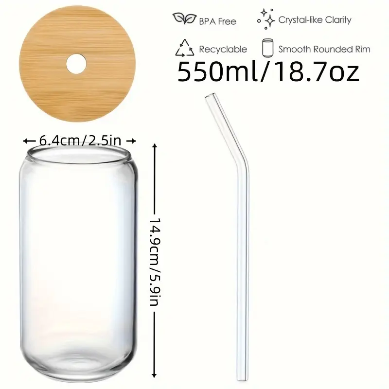 2pcs glass cups 17 8oz 550ml glass cups with lids and straws mason jar drinking glasses ice coffee cup glass cups with bamboo lids cute cups beer reusable straws and straw cleaner for restaurant hotel Product details 4
