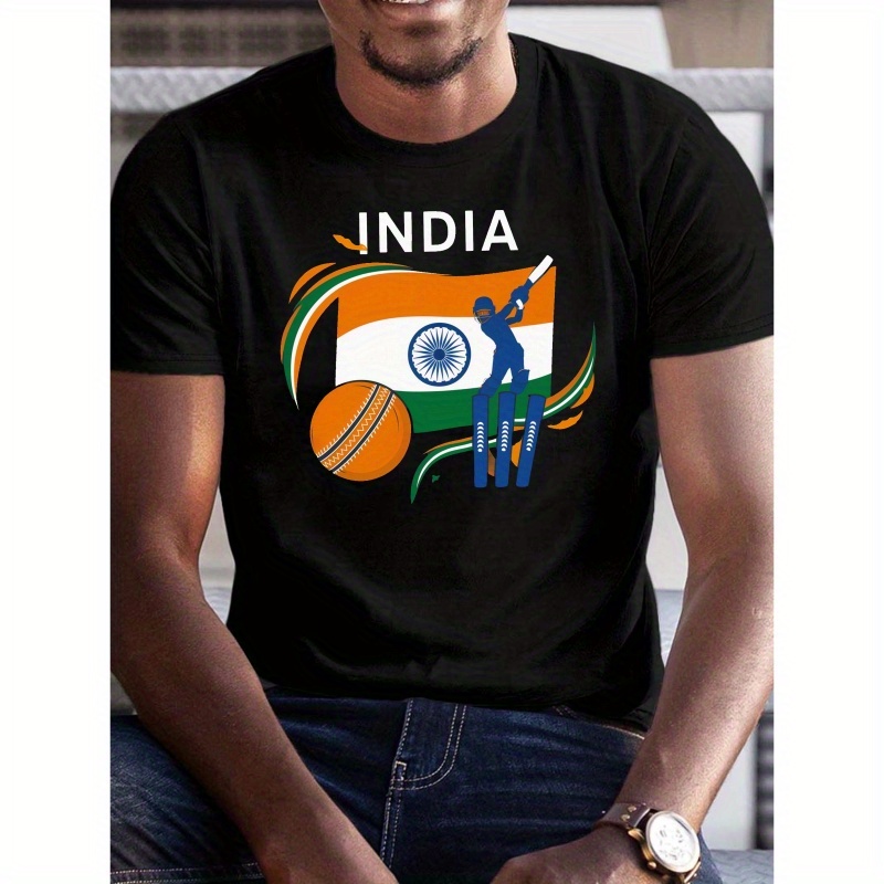 

Polyester Men's Crew Neck T-shirt With India Cricket Illustration, Geometric Pattern, Regular Fit Casual Tee With Slight Stretch - Summer Knit Fabric Top For Adults