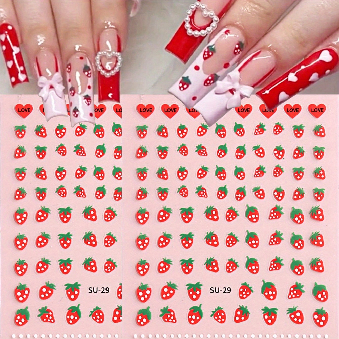 2pcs 3d Strawberry & Heart Nail Art Stickers - Y2k Inspired, Self-adhesive Decals For Spring/summer Manicure: retailer-supplied image