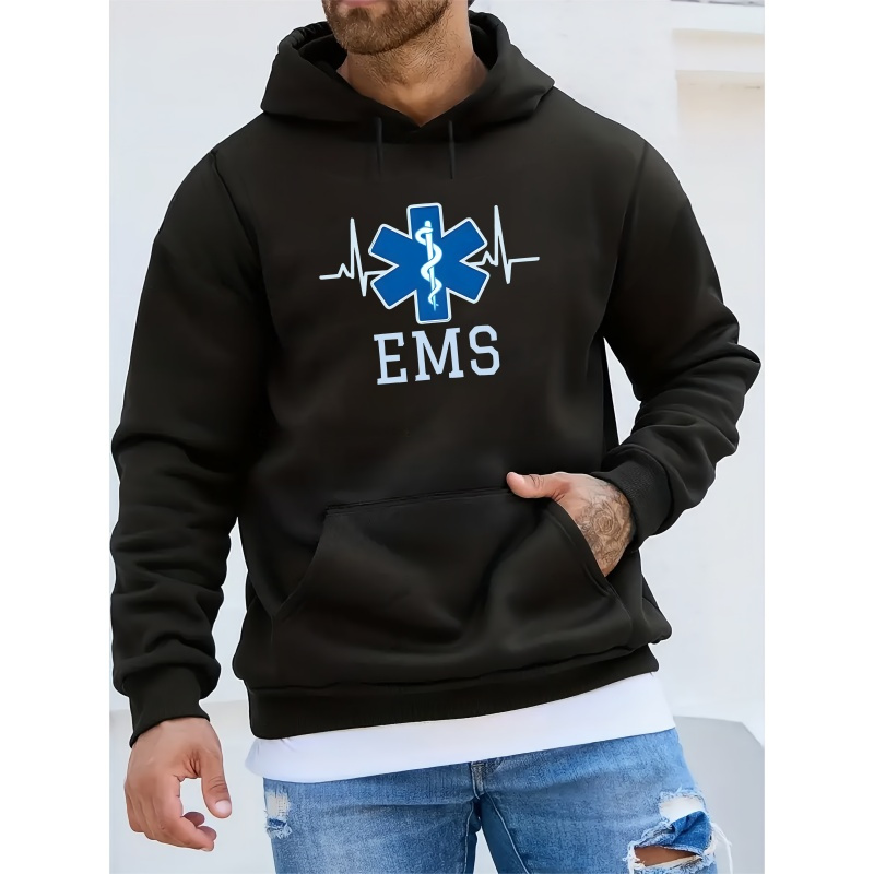 

Ems Graphic Print Hoodie For Men - Casual Polyester 100% Knit Fabric With Long Sleeves, Hooded Collar, And Slight Stretch - Winter Fashion Pullover Sweatshirt