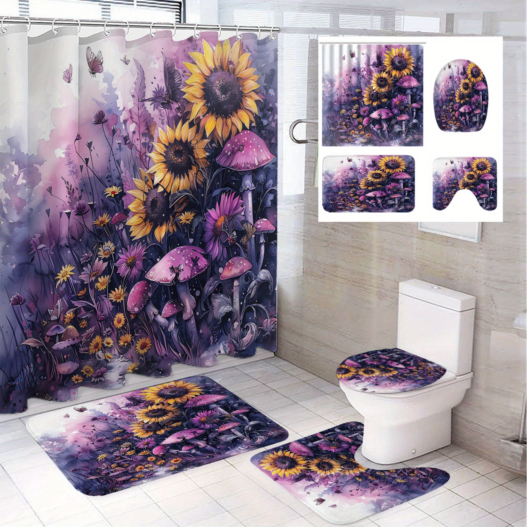 

Sunflower Pattern Polyester Shower Curtain Set With 12 Hooks, Water-resistant Woven Bathroom Decor, Includes Mat, Lid Cover, And U-shaped Liner, Machine Washable, Mixed Color Fashion Theme - 71x71in