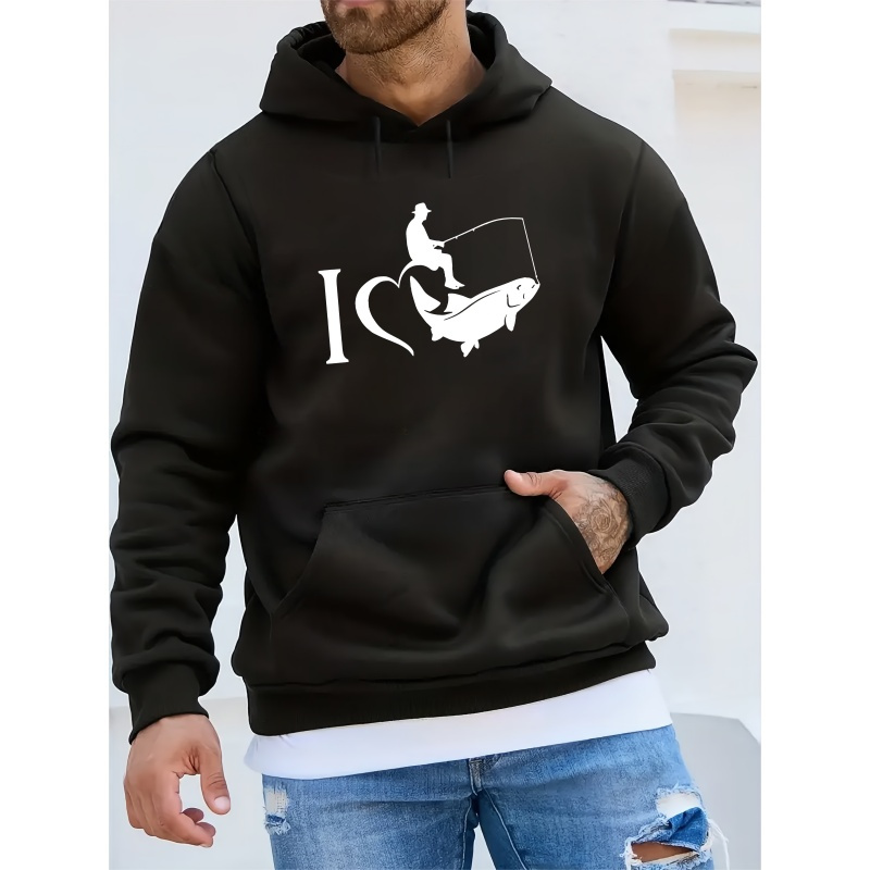 

Men's Casual Hoodie With "i Love Fishing" Print, Long Sleeve, Polyester Knit Fabric, Hooded Sweatshirt For Winter, Unisex Adult Fishing Rod Design Hoodie