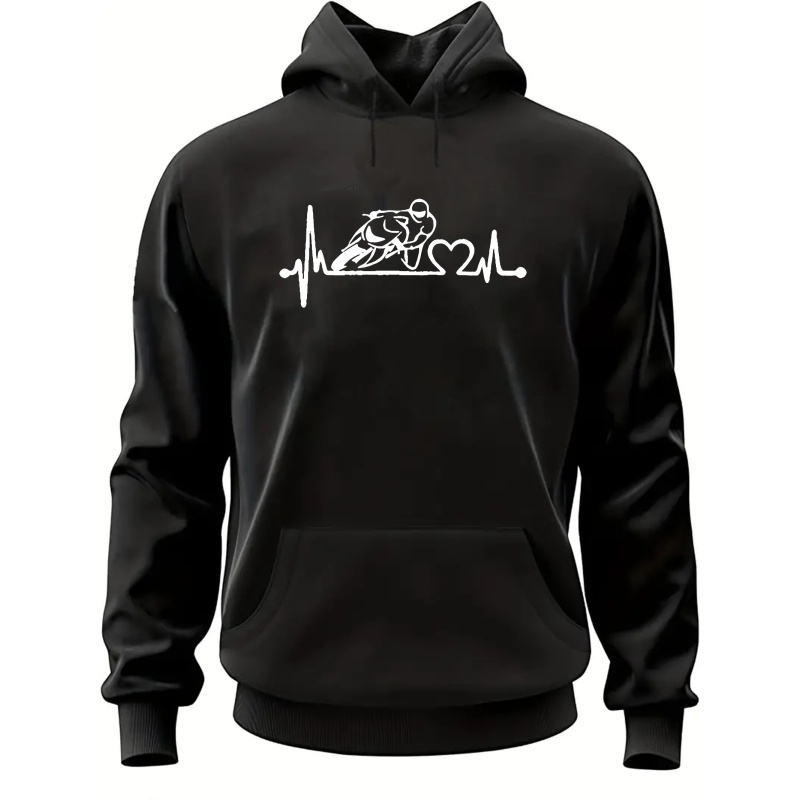 

Men's Casual Polyester Hoodie With Motorcycle Ekg Print - 100% Polyester Knit Fabric, Long Sleeve, Hooded Pullover With Slight Stretch, Regular Fit, Winter Season