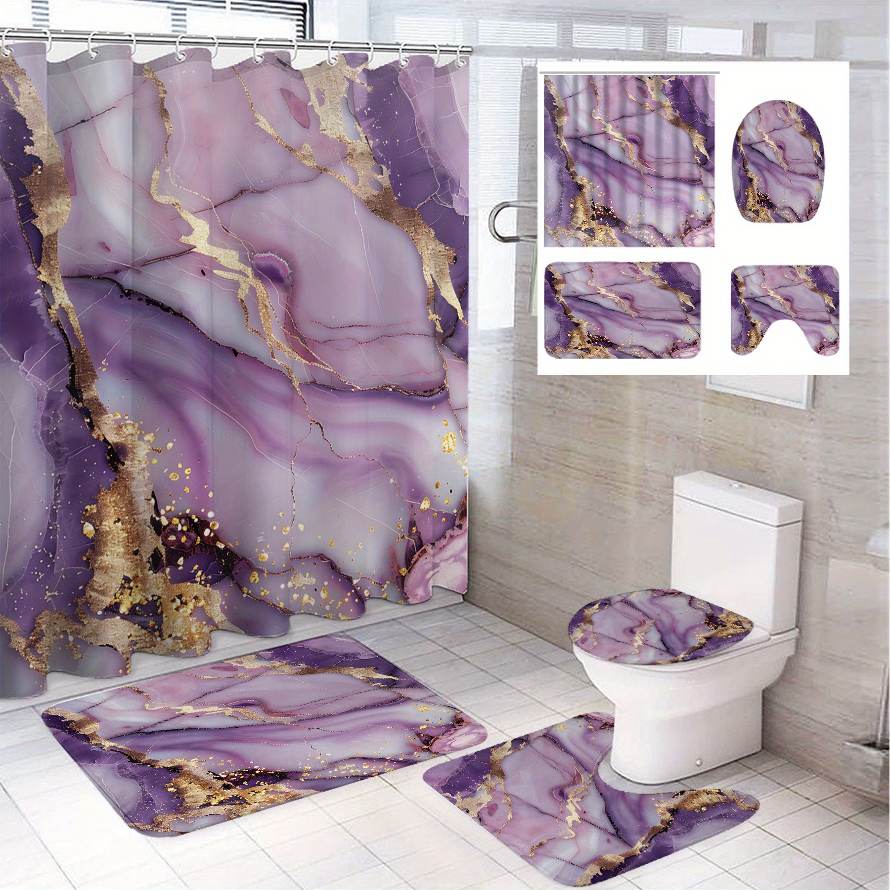 

Luxurious Marble Print Bathroom Set: Includes 71" X 71" Shower Curtain, 37" X 15" Toilet Seat Cover, 75" X 29" Rug, 45" X 17.7" U-shaped Mat, And 12 Hooks - Perfect For Modern Bathroom Decor