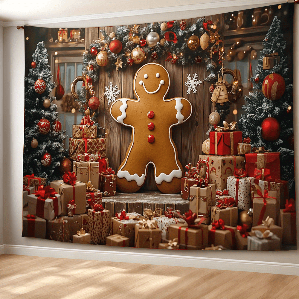 

Christmas Gingerbread Man Tapestry - Polyester Fabric Holiday Wall Hanging Decor Without Feathers, Classic Style, Battery-free For Festive Room Decoration