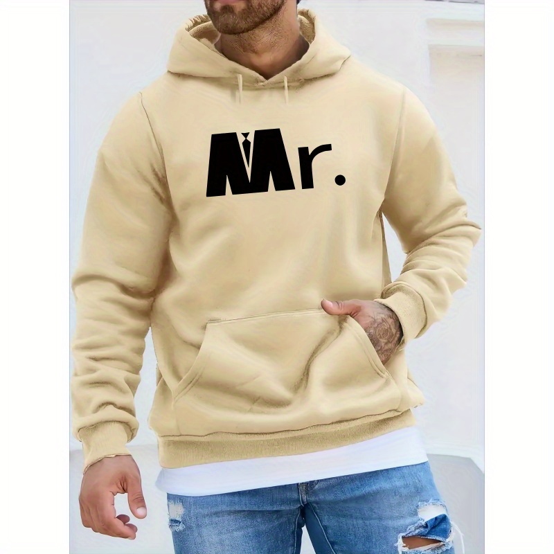 

Men's Fashion Hoodie, "mr." Letter Print, Plush Sweater, Casual Long Sleeve Pullover, Polyester, Regular Fit, Knit Fabric, Winter Collection