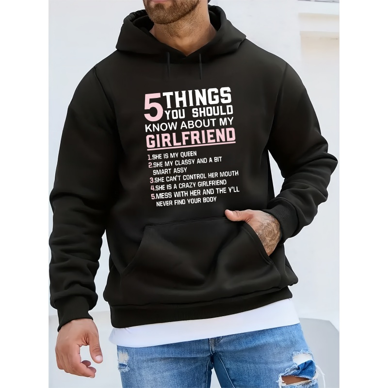 

Men's Casual Hoodie, "5 Things You Should Know About My Girlfriend" Print, Polyester, Long Sleeve, Regular Fit, Knit Fabric, Winter Fashion, Youthful Style, American Fashion Top, Gift For Men