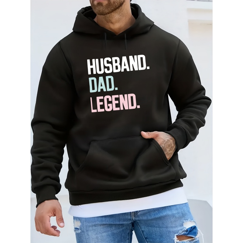 

Men's Polyester Hooded Sweatshirt - Long Sleeve Casual Hoodie With Legend Dad Husband Print, Knit Fabric With Slight Stretch, Winter Fashion Pullover