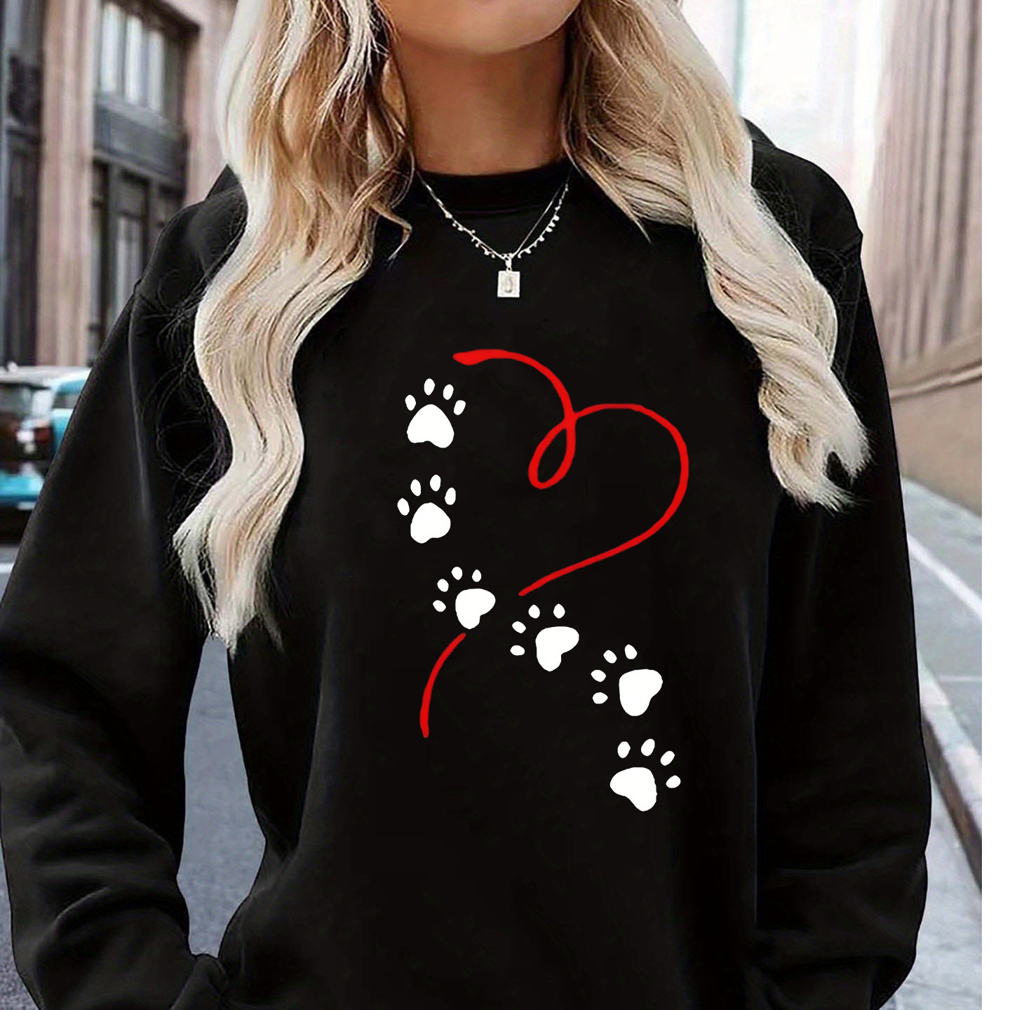 

Women's Heart Paw Graphic Pullover Sweatshirt - Polyester Knit Fabric, Casual Crew Neck Long Sleeve Top With Slight Stretch For Fall/winter