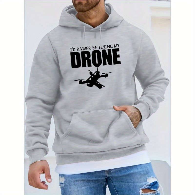 

Cozy Fleece-lined Men's Hoodie With Drone Print - Casual Pullover Sweatshirt For Fall & Winter, Long Sleeve, Kangaroo Pocket