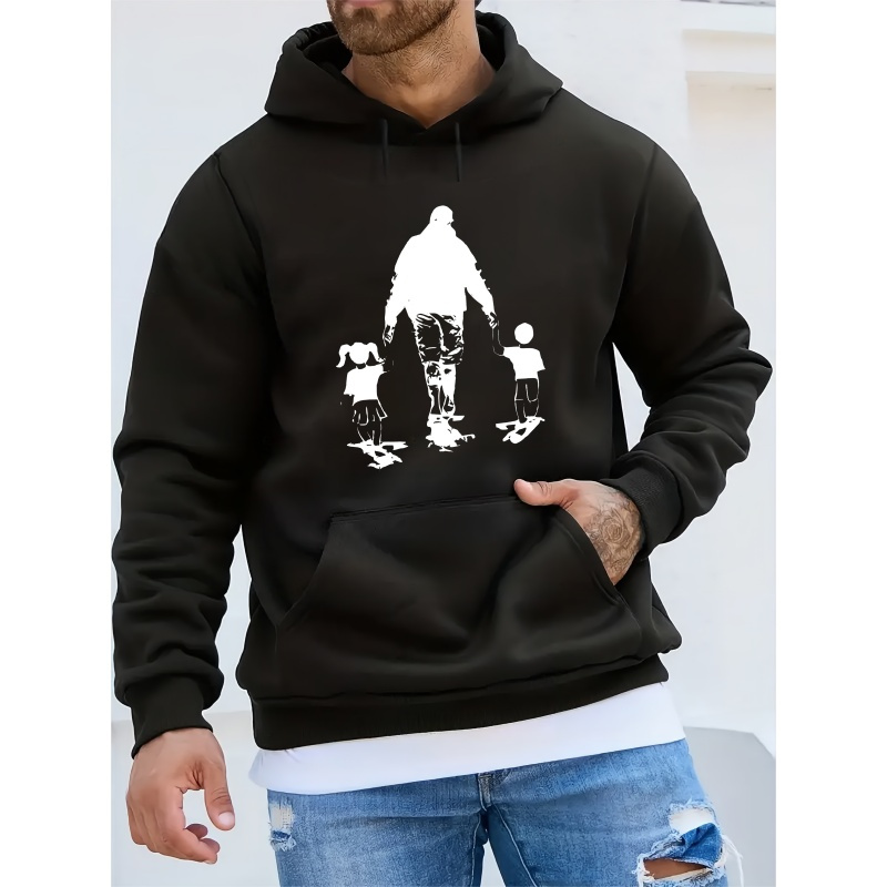 

Casual Polyester Hoodie With Dad And Kids Silhouette Print, Long Sleeve Knit Fabric, Hooded Pullover With Slight Stretch, Men's Winter Fashion Top