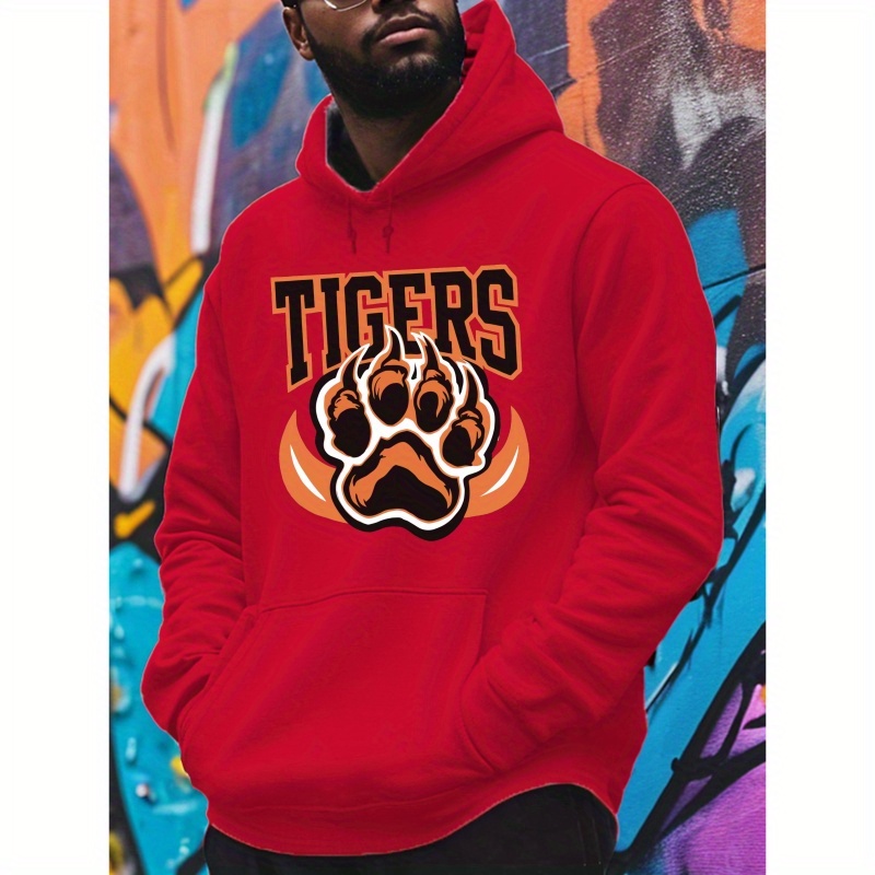 

Tigers And Paw Graphic Print, Men's Stylish & Trendy & Cozy Long Sleeve Hoodie, Versatile Hooded Sweatshirt With Kangaroo Pocket For Autumn & Winter Daily Wear