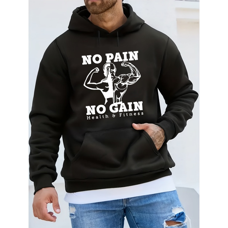 

Men's Polyester Hoodie With Long Sleeves - Casual Knit Fabric Sweatshirt With No Pain No Gain Health & Fitness Graphic, Hooded Pullover For Winter